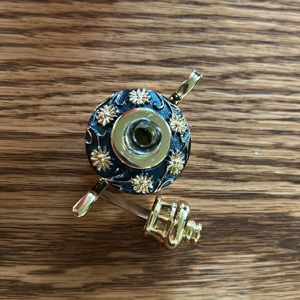 Perfume bottle with glass wand heavy gold-tone with navy blue enamel flower gems - Picture 10 of 10